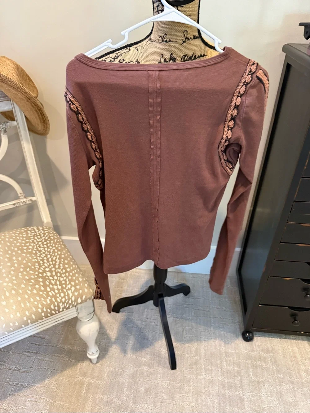 Free People Brown Embellished Long Sleeve Crewneck Top